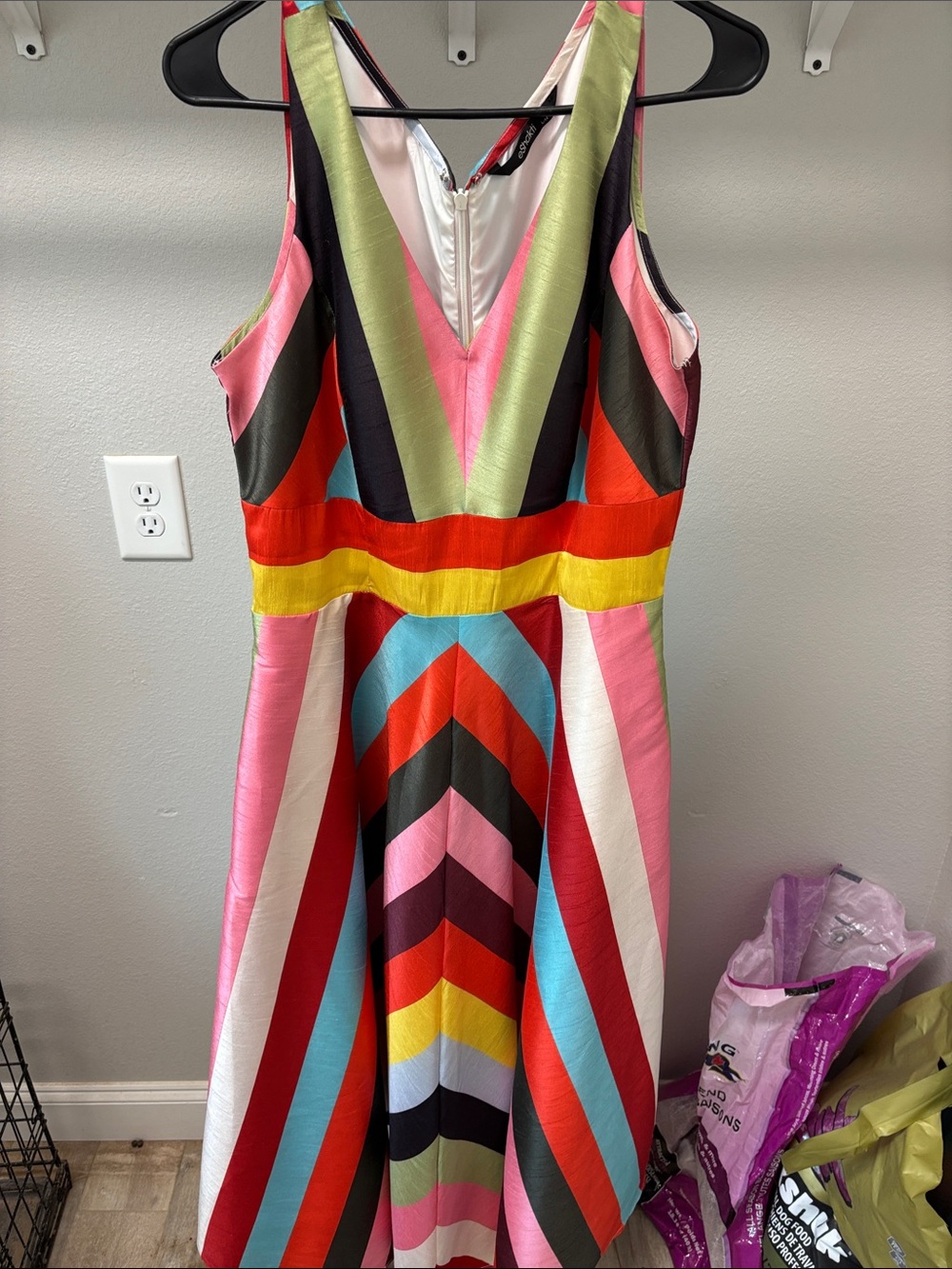 eshakti Multicolor Striped V-Neck A-Line Dress - Pink, Red & Yellow